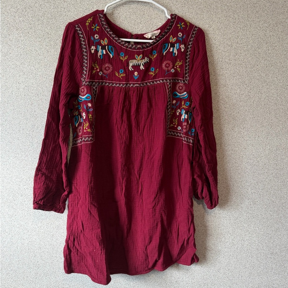 Entro Womens Burgundy Embroidered Cotton Gauze Boho Tunic Top D6059 Red Medium